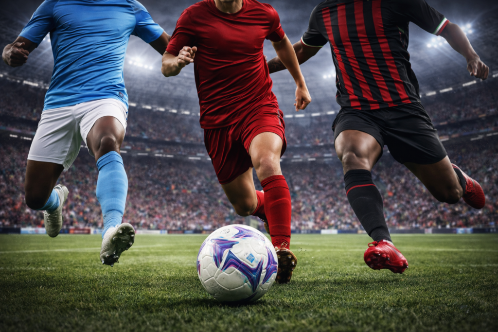 Dynamiczna akcja piłkarska na stadionie