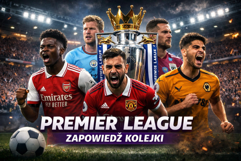 Zapowiedź 31. kolejki Premier League – dynamiczna grafika z piłkarzami topowych klubów na stadionie i trofeum ligi w tle