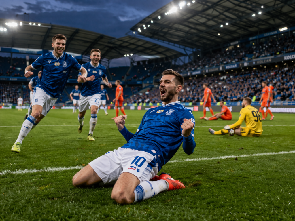 Dynamiczna akcja na boisku piłkarskim Ekstraklasy – zawodnik w niebieskiej koszulce (nr 17) pędzi z piłką, podczas gdy zawodnik w pomarańczowej koszulce (nr 6) próbuje go zatrzymać, w tle inni zawodnicy i kibice na stadionie, naturalne oświetlenie, brak napisów i logotypów.