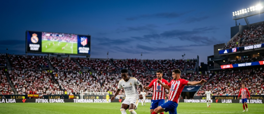 Dynamiczne ujęcie z meczu La Liga: zawodnik Realu Madryt drybluje z piłką, a dwóch graczy Atletico Madryt próbuje go zatrzymać na pełnym stadionie w Madrycie.