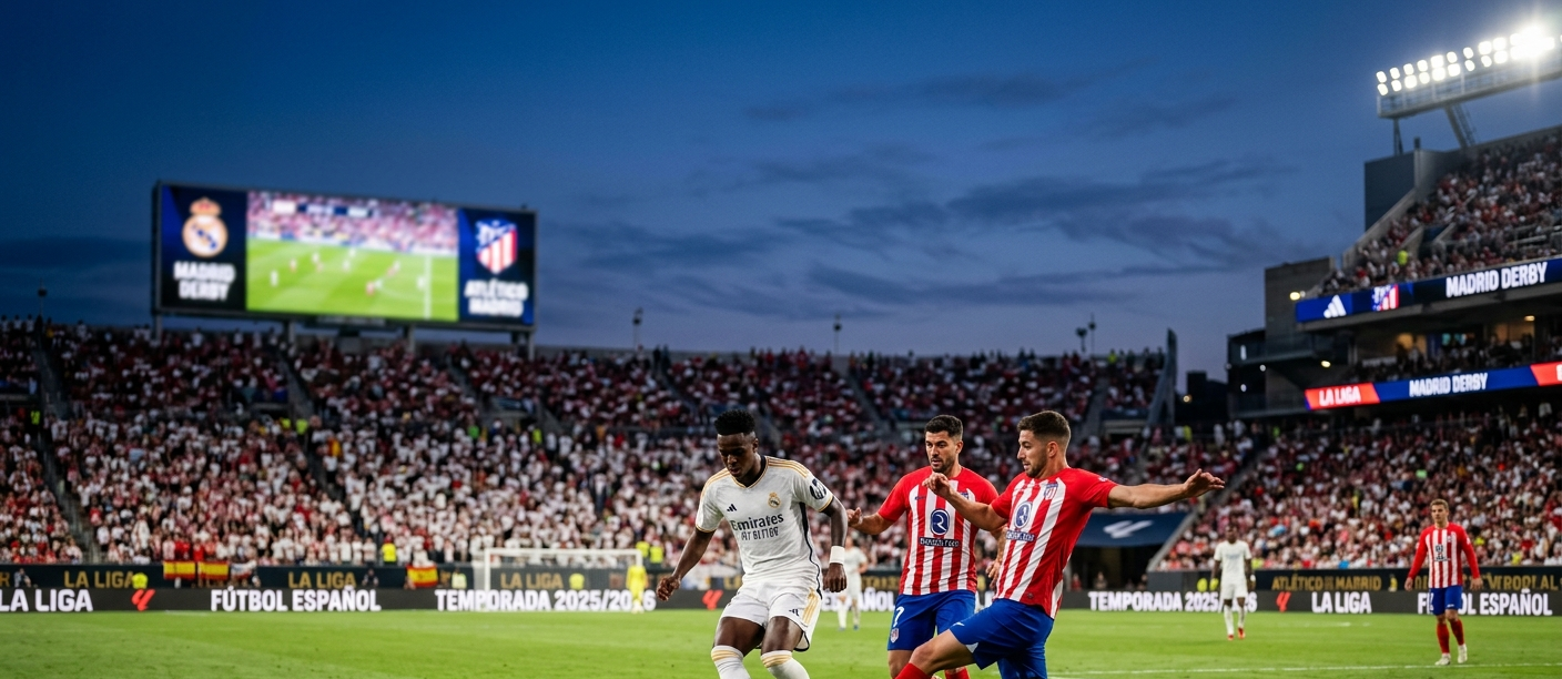 Dynamiczne ujęcie z meczu La Liga: zawodnik Realu Madryt drybluje z piłką, a dwóch graczy Atletico Madryt próbuje go zatrzymać na pełnym stadionie w Madrycie.