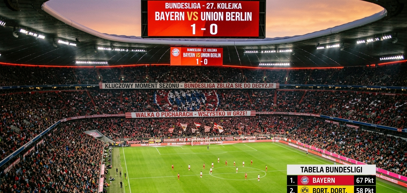 Szerokie ujęcie stadionu Allianz Arena podczas meczu Bundesligi Bayern Monachium – Union Berlin, ilustrujące 27. kolejkę sezonu.