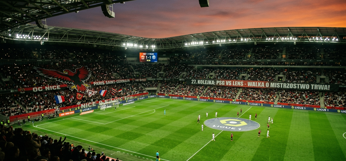 Panorama stadionu piłkarskiego podczas 27. kolejki Ligue 1, mecz Nice z PSG przy pełnych trybunach i zachodzącym słońcu.