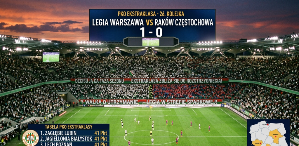 Panorama pełnego stadionu piłkarskiego z widocznymi telebimami wyświetlającymi napis "LEGIA VS RAKÓW 1-0" oraz grafikę z tabelą pokazującą Zagłębie, Jagiellonię i Lecha z 41 punktami na czele.