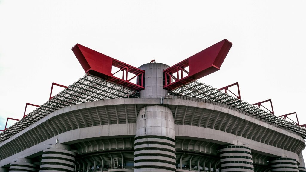 Close-up view of the iconic San Siro Stadium in Milan, showcasing its unique architecture.